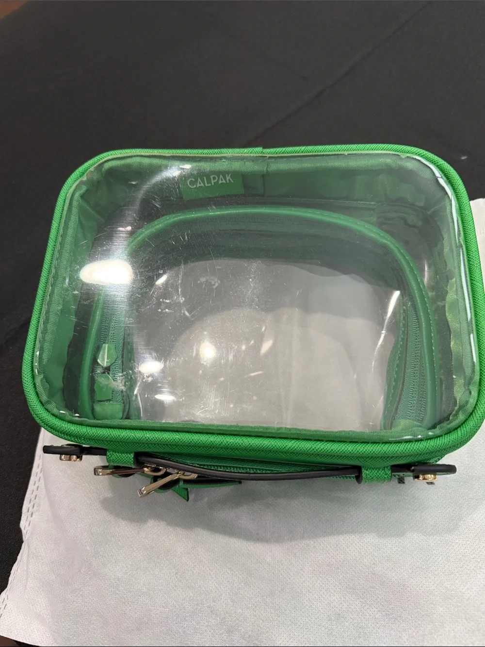Small Calpak Clear Emerald Travel Pouch with Gold Hardware
